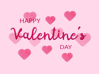 Happy Valentine's Day greeting card. Pink greeting card with hearts on pink background. 