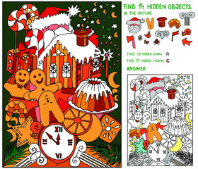 Find hidden objects. Christmas puzzle for kids. Santa Claus, gingerbread house, Ginger man, cookies, tree, stars, clock, candies for celebration. Educational game .