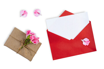 Valentines day greeting mockup, red envelope with blank paper and gift box on white.
