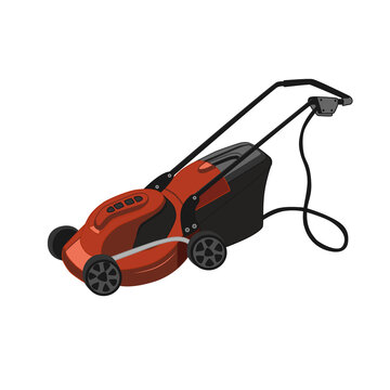 Realistic vector image of a red lawn mower isolated on a white background. Lawn and flower beds maintenance, gardening.