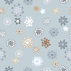 Winter grey snowflakes seamless pattern, doodle vector illustration. Winter weather, cold wind, blizzard. Gray flying snow background. Fabric swatch for the New Year eve. Abstract snow flowers design.