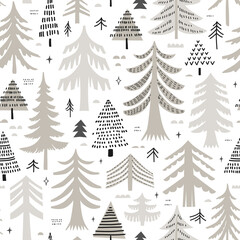 Seamless pattern  with  pine trees. Stylized forest background. Vector background in scandinavian style. - 474958665