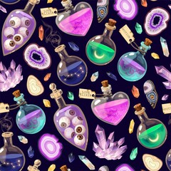 Magic seamless pattern with potions and crystals - 474959271