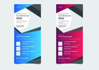 Template of vector vertical roll-up banner, x-stand, exhibition display, Retractable banner stand or flag design layout with creative shapes for business, advertising, presentation  forum.