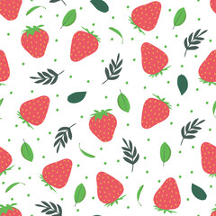 Strawberry with leaves vector pattern background. Fruit illustration isolated on white background. Seamless background with red strawberries for wrapping paper, wallpaper