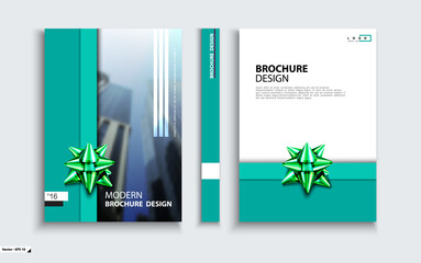 Business cover design, green bow, ribbon, white, holiday gift. Abstract brochure layout template. Title page, set. Geometric stripes, booklet layout. Logo, annual report. Use of flyers, text, font