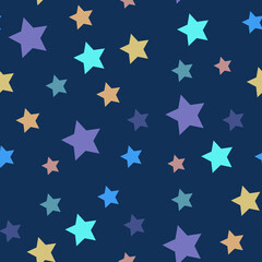 Fototapeta premium cute abstract background with doodle stars drawings on dark blue background. cute childish abstract background of night sky, cosmos. childish seamless pattern for textile, fabric, baby wallpaper