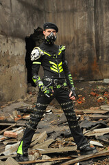 boy in gas mask and space pirate uniform, industrial cybergoth style. 