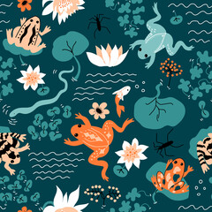 Frog Pattern. Vector background with snake, water striders, leaves, flowers, lotus, Water Lillies, waves.  Perfect for cards, wrapping paper, printing on the fabric, design package and cover - obrazy, fototapety, plakaty