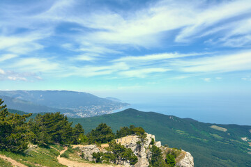 View of the city of Yalta and Mount Karadag from Mount Ai-Petri in Crimea.