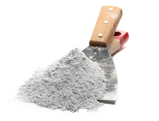  Metal trowel with cement isolated on white background