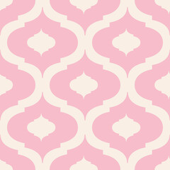 Roman ogee abstract vector seamless pattern background with elongated shapes. Elegant geometric backdrop in pink and cream. Modern symmetrical style repeat for summer vacation, wellness, baby