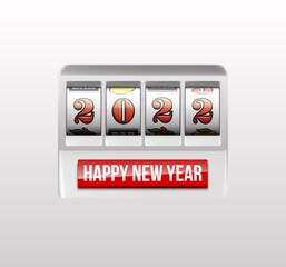 2022 Happy New Year casino greeting card with slot machine. Merry Christmas Xmas slot machine design banner. New year 2022 gambling party red color poster with puggy one-armed bandit isolated on white