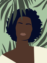 Portrait of black woman face, no eyes, clean face. Palm leaves on the background. Vector illustration.