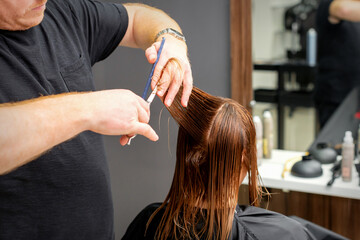 Naklejka premium Woman having a new haircut. Male hairstylist cutting brown hair with scissors in a hair salon