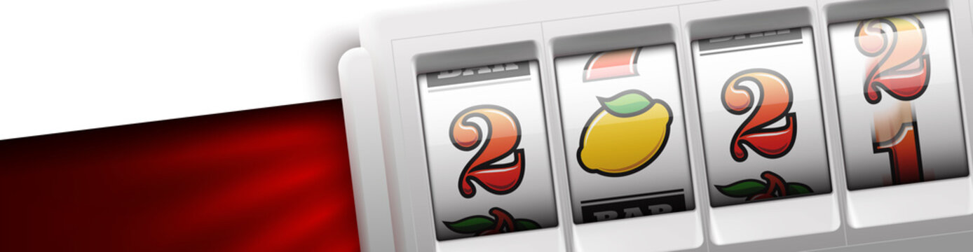 2022 Happy New Year casino style greeting card with slot machine. Merry Christmas Xmas pokies, slot machine design banner. New year 2022 gambling party red color poster with puggy one-armed bandit