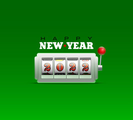 2022 Happy New Year casino style greeting card with slot machine. Merry Christmas Xmas pokies, slot machine design banner. New year 2022 gambling party green color poster with puggy one-armed bandit