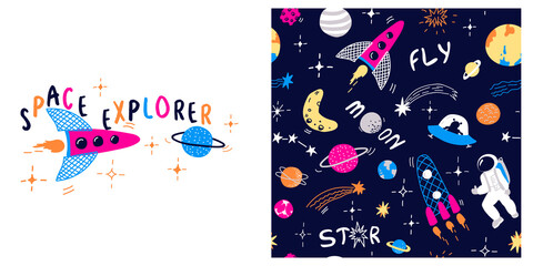 Space pattern. Vector background with the starry sky, rockets, moon, astronaut, planets, comets, asteroid and stars, ufo. Card with text - Space Explorer. Childish print. Doodle