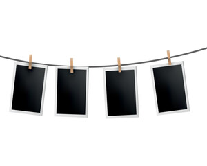 Photo frames hanged on rope. Retro instant photos on thread. Card frame image mockup, vector set. Icon design template. Remember the moment