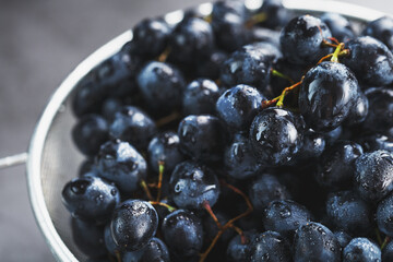 Ripe black grapes in a metal bowl on a black background.