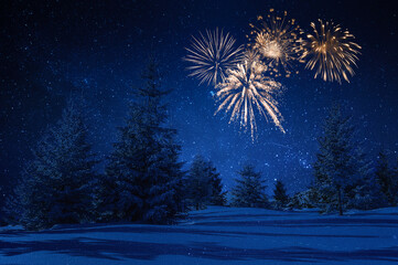 Winter landscape with holiday New Year fireworks - 474963076