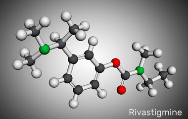 Rivastigmine molecule. It is acetylcholinesterase inhibitor, used for therapy of dementia, Alzheimer disease, Parkinson disease. Molecular model. 3D rendering