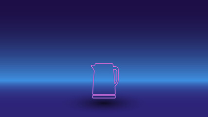 Neon kettle symbol on a gradient blue background. The isolated symbol is located in the bottom center. Gradient blue with light blue skyline