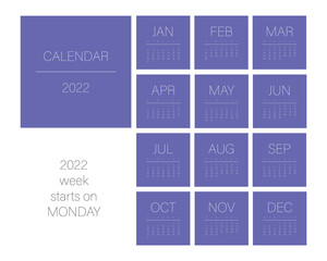 Calendar template for 2022. Square design in trendy 2022 color very peri. Desk or wall calendar 12 months with cover. Vector mesh. Week starts on Monday.