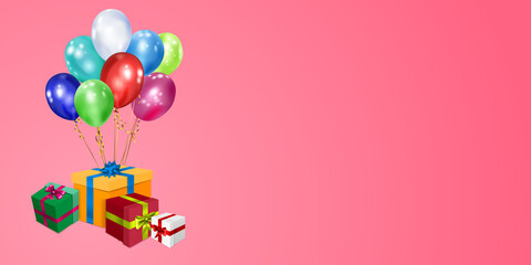 Vector illustration with bunch of colored gift boxes with ribbons and bows and multicolor balloons on pink background