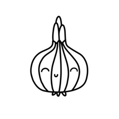Cute kawaii onion. Kind childrens vegetable character with eyes and a smile. Vector isolated line illustration on white background.