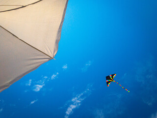 Kite background. Colorful high flying toy. Air kite fly on blue wind sky. Rainbow kite in summer...