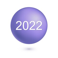 Vector illustration of trendy color Very Peri 3d ball and numbers 2022 on white background. Color of the year 2022 Very Peri periwinkle blue hue, viviflying violet red for presentation, invitation.