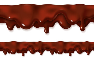Seamless dripping melted dark or milk chocolate isolated on white background. Realistic vector 3d illustration of brown cream sauce or syrup drop. Horizontal border element