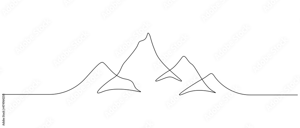 Poster one continuous line drawing of mountain range landscape silhouette. minimalistic skyline with mounts