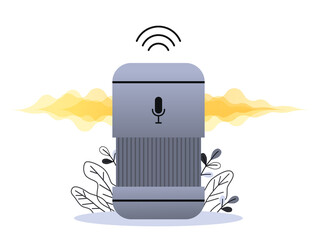Voice controlled smart speaker or voice assistant. Voice activated digital assistants, home automation hub, internet of things concept, violet palette. Vector concept illustration.