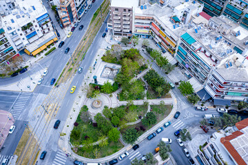 Aerial view of Neos Kosmos square (Park Maxis Analatou) at central Athens, Greece.