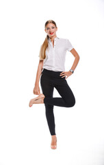 Beautiful young woman on a neutral white background..