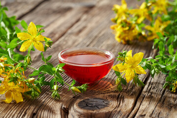 Red oil made from St. John's wort flowers on a wooden background