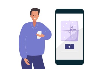Online gift order. Man stands and orders gift. Gift box on phone screen. Vector flat illustration isolated on white background. Internet shop, customer service, Smartphone apps concept.