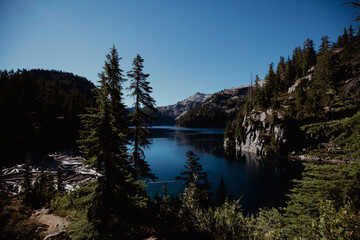 Deep blue lake in mid summer in the Pacific Northwest 