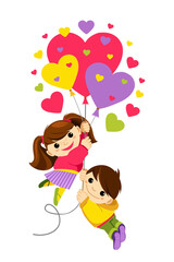 Valentines day concept. Girl and boy flying on heart shaped balloons.