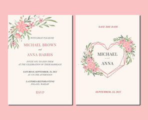 Wedding invitation cards template with watercolor flowers and thin geometric lines, save the date, greeting, rsvp