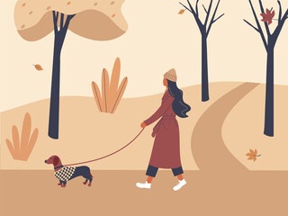 Cute girl walking with dog dachshund in overalls in autumn city park or forest. Fall soothing outdoors landscape: trees, leaves, bushes in trendy funky figures style. Raster illustration in flat style