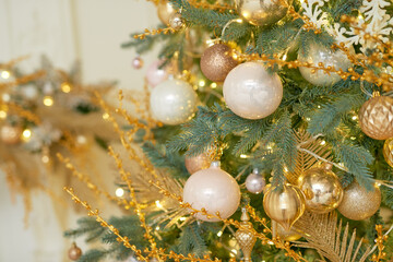 Christmas tree pink balls close up