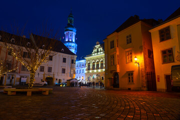 Fototapeta na wymiar Illumanated Sopron Main Square christmas winter time