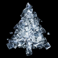 Christmas tree made of ice cubes isolated on black background.