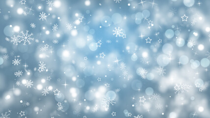 Stars and Snowflakes. Blue winter background with white snowflakes, particles and stars.