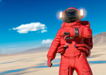 Obraz na płótnie Canvas astronaut is checking the air in the desert of another planet after rain with copy space