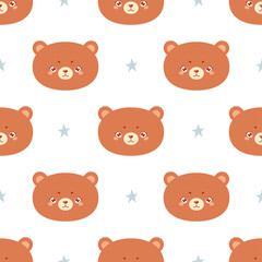Seamless pattern with cute bear face and stars. Childish background for fabric, textile, wrapping paper. Vector hand drawn illustration.