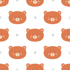 Fototapeta premium Seamless pattern with cute bear face and stars. Childish background for fabric, textile, wrapping paper. Vector hand drawn illustration.
